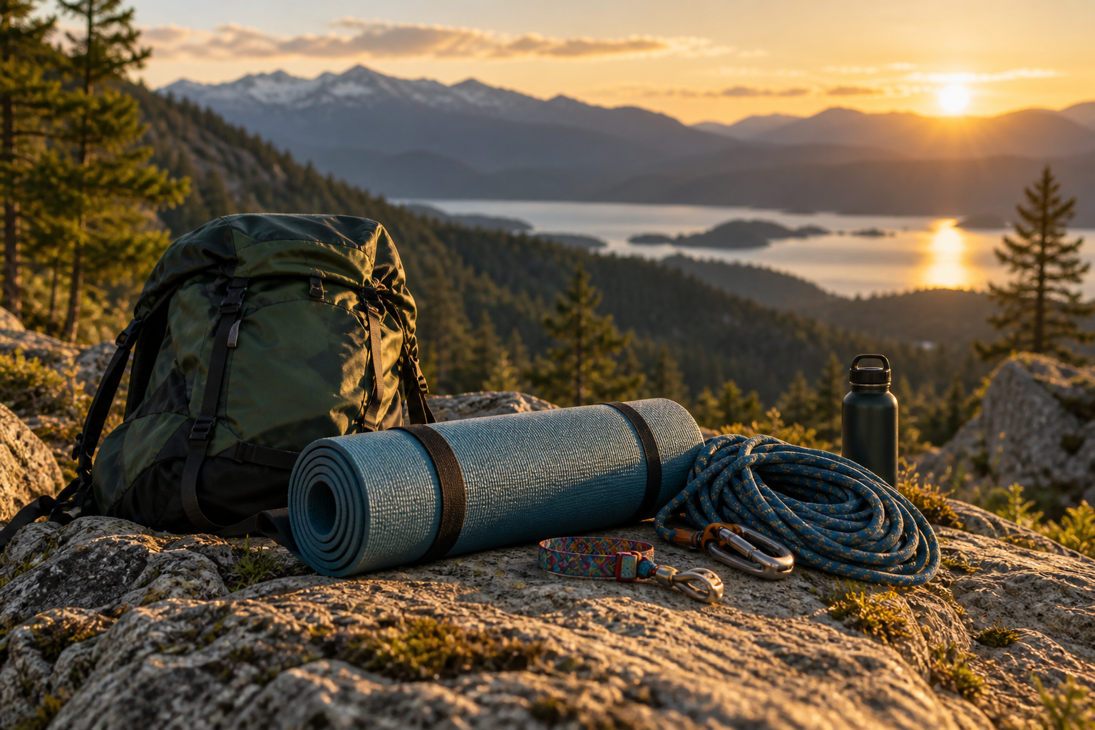 Outdoor gear resting at a mountain overlook during golden hour